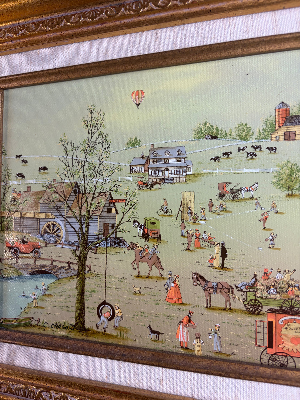 Beautiful framed C Carson folk art serigraph in gold frame!