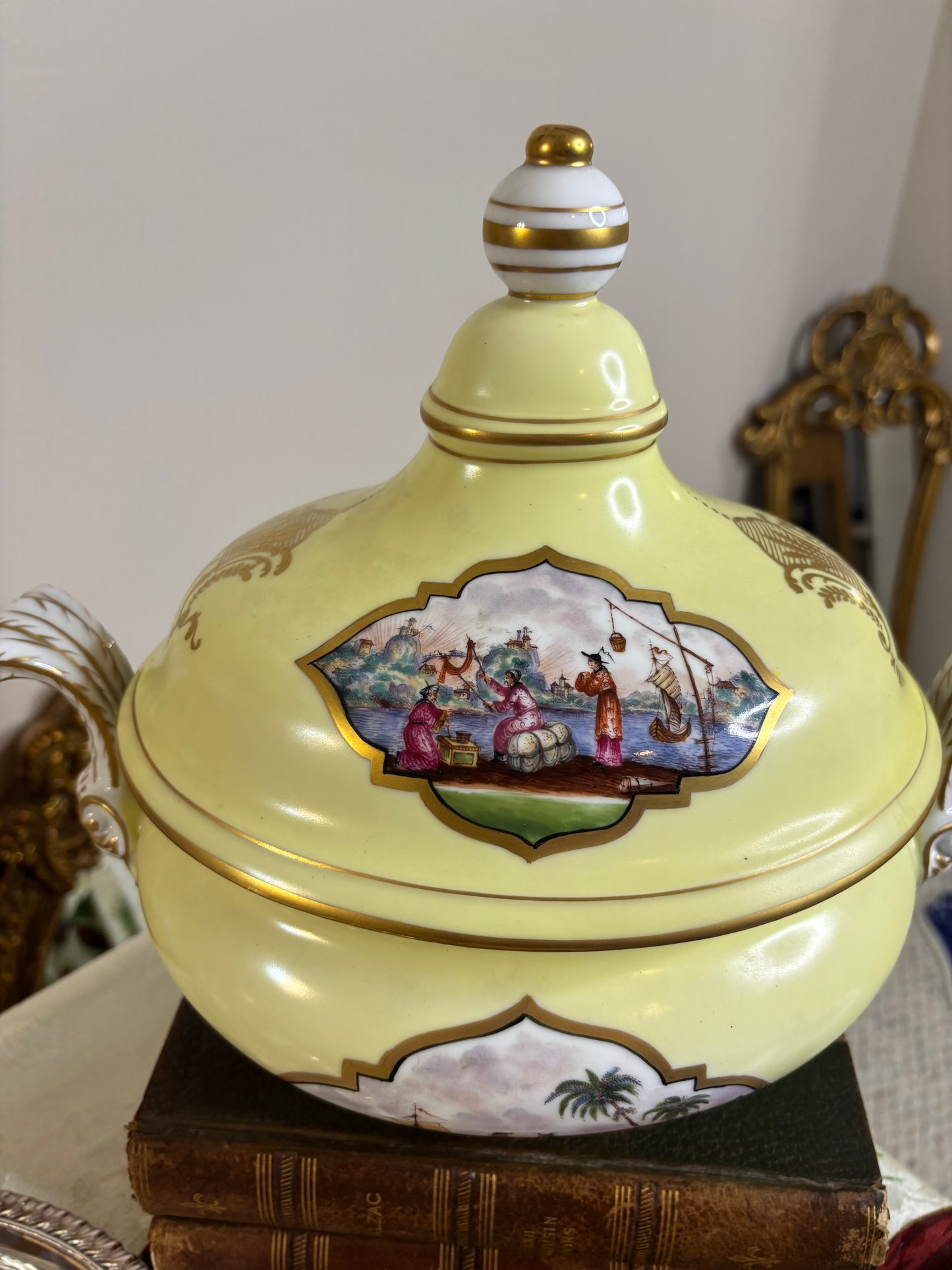Stunning Dresden lidded tureen with vivid scenes, gold detailing, and lovely handles!