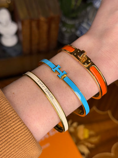 Turquoise Enamel “H” Gold Hinged Bangle Bracelet