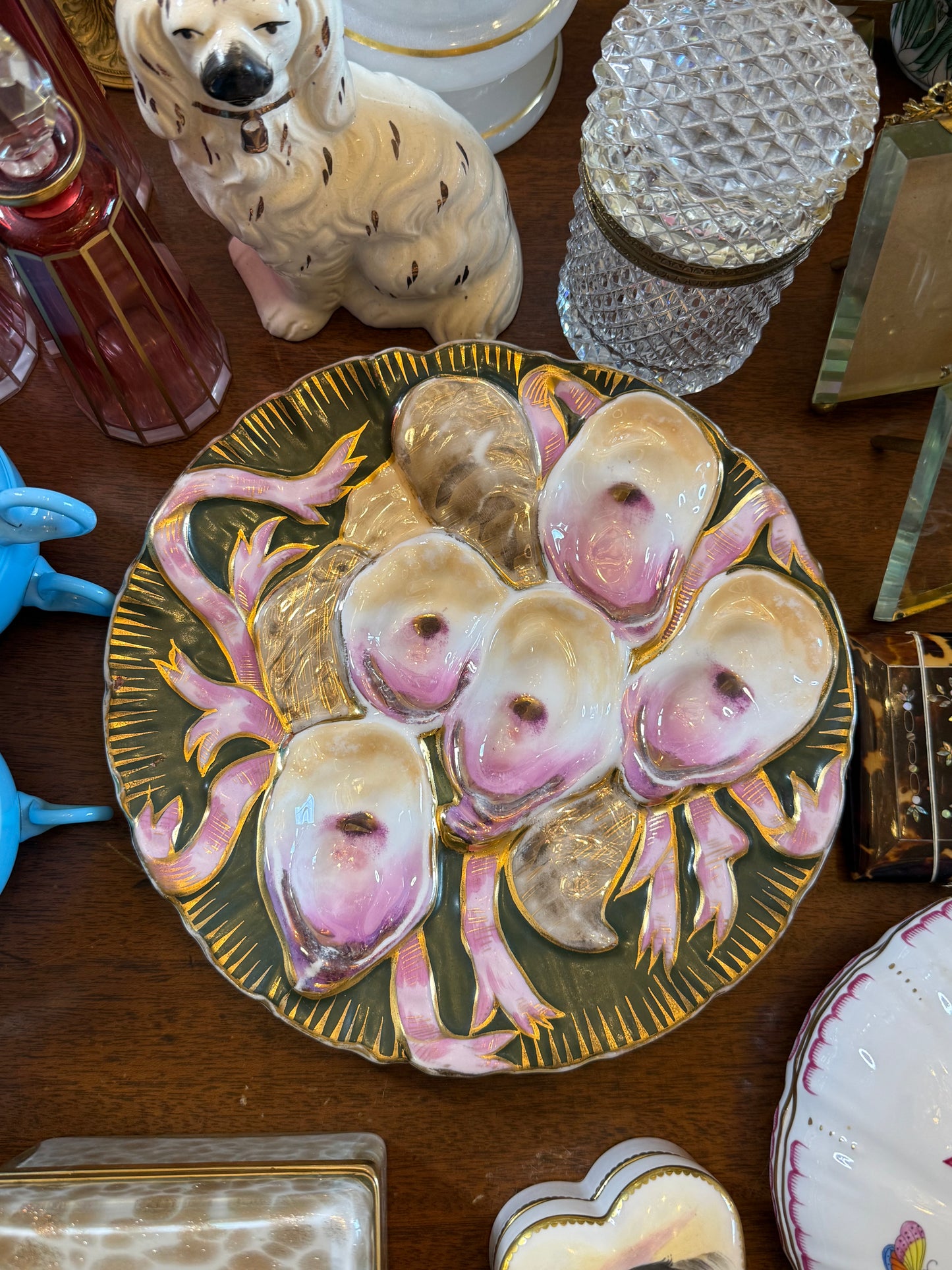 Antique Carl Tielsch Porcelain Oyster Plate | Pink, Green & Gilt – 9”