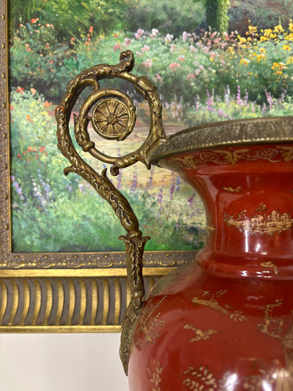 Gorgeous red and gold 18” vase with bronze ormolu handles and base!