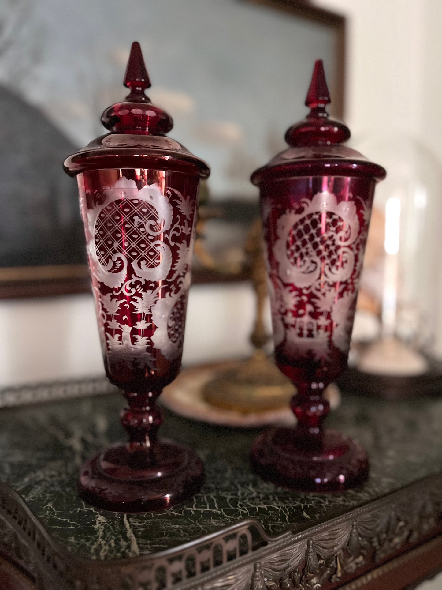 19th Century Continental Ruby Red Cut-to-Clear Lidded Goblets with Landscape Etching, Pair in perfect condition