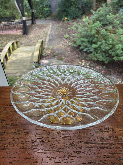 Stunning Val St. Lambert pedestal cake platter with gold plated base and floral detail!