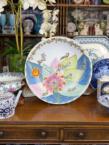 Vintage Chinese Tobacco Leaf Porcelain Charger | Famille Rose Bird & Floral Design | 16.5”