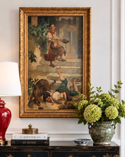 Fabulous Original Genre Oil Painting After Toby E. Rosenthal – He Who Laughs Last, Laughs Best – Dated 1942/Signed G. F. Brand