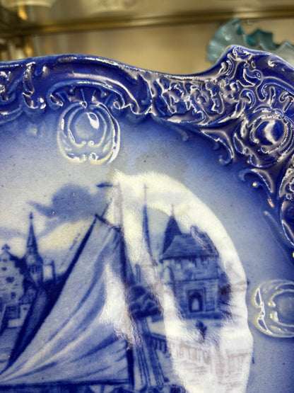 Gorgeous antique flow blue ship platter!
