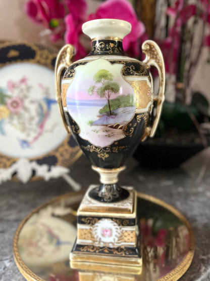 Live 06/22 Early Noritake Moriage Scenic Two-Handled Pedestal Vase | Black Ground & Raised Gilding  Old Backstamp