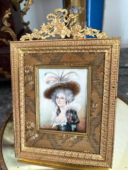 Original Fabric Surround and Backing - Antique French Portrait Miniature in Gilt Bronze Ribbon-Crest Frame — 18th-Century Beauty, Signed Baum