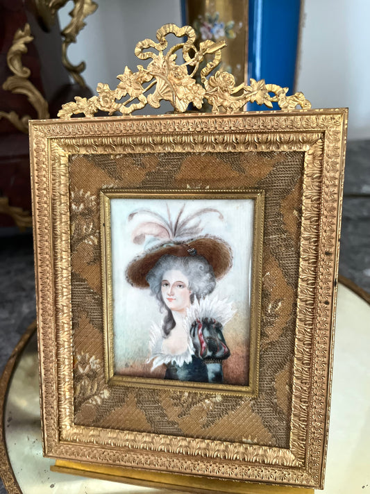 Original Fabric Surround and Backing - Antique French Portrait Miniature in Gilt Bronze Ribbon-Crest Frame — 18th-Century Beauty, Signed Baum
