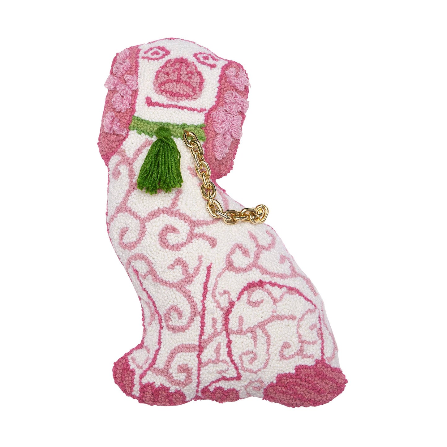 Shaped Chinoiserie Pink Dog Wool Hooked Pillow | 12” x 18” Accent Pillow