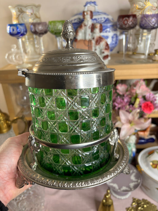 Stunning antique cut green biscuit jar with holding tray!