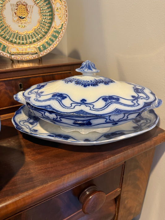 Reserved Tamara - Live 12/15 - Antique Flow Blue Lidded Tureen w/ Underplate