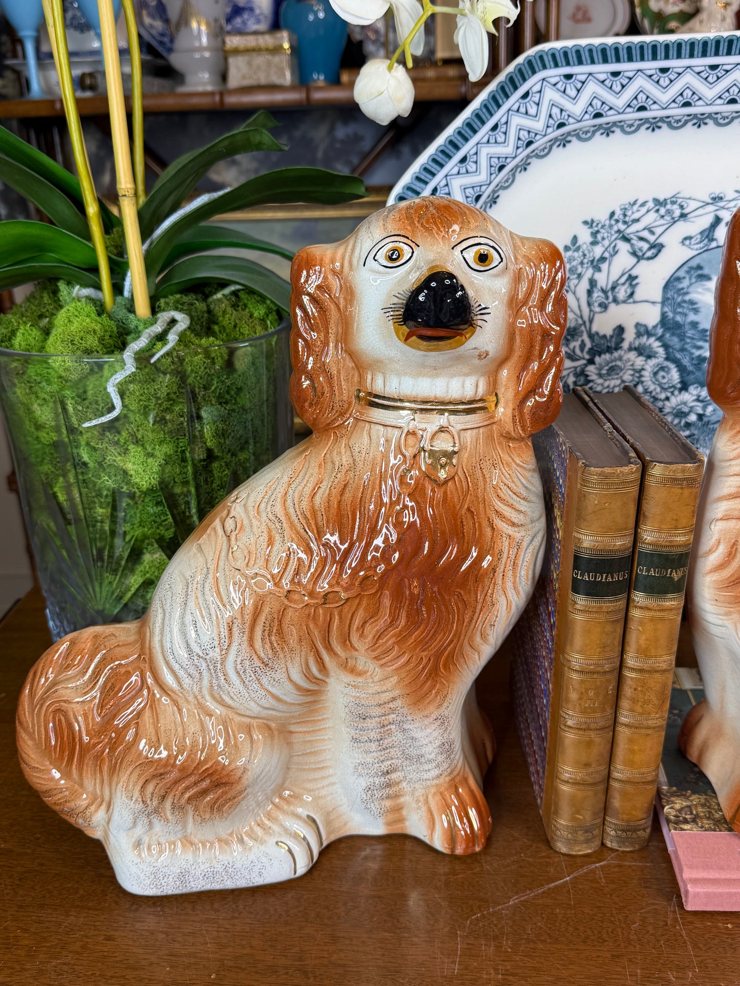 Pair Antique Victorian Staffordshire Spaniel Dogs | Large 14” Mantel Dogs | England c.1870–1890