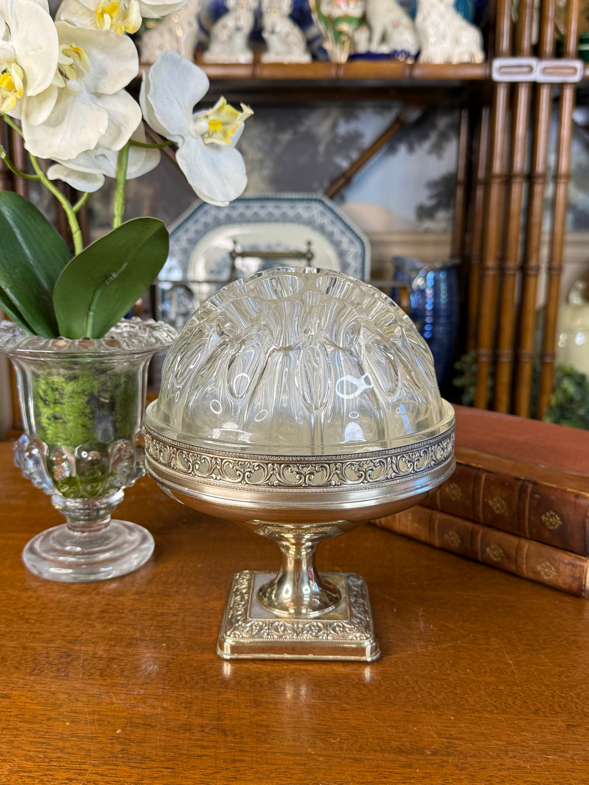 Vintage English Silver Plate & Glass Flower Frog Pedestal Centerpiece Stand, 8” H x 7” W