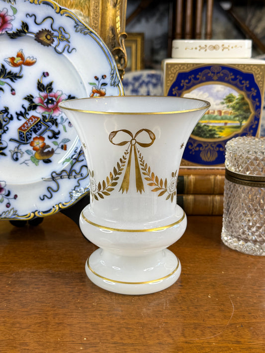 Vintage 1960s West German White Opaline Glass Vase with Gilt Bow & Laurel Decoration | 6.5”