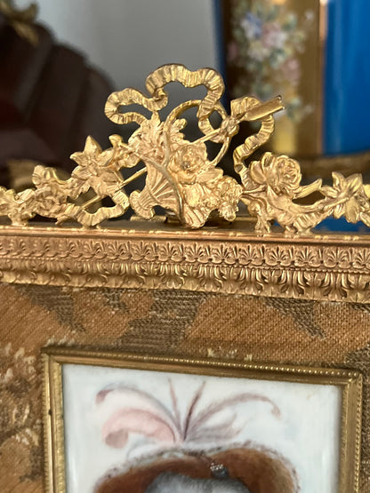 Original Fabric Surround and Backing - Antique French Portrait Miniature in Gilt Bronze Ribbon-Crest Frame — 18th-Century Beauty, Signed Baum
