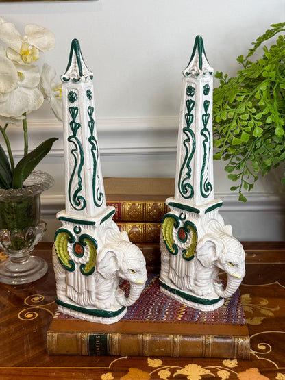 Vintage Italian Pottery Elephant Obelisk Bookends – Pair | 12.5” Tall