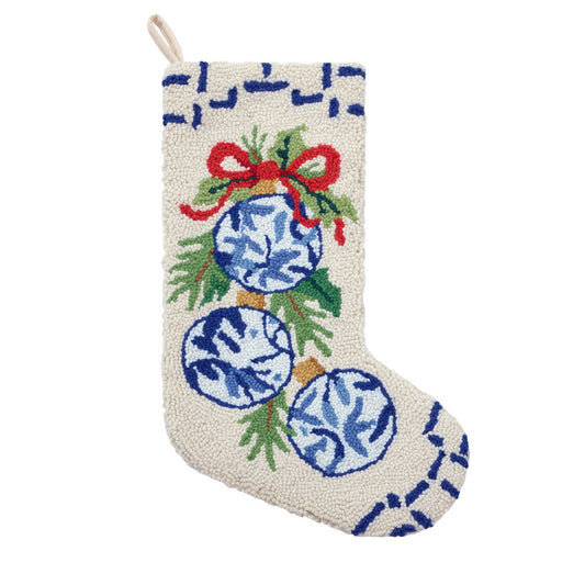 Christmas Blue & White Wool Hook Stocking | Cotton Velvet Holiday Stocking | 12” x 20”