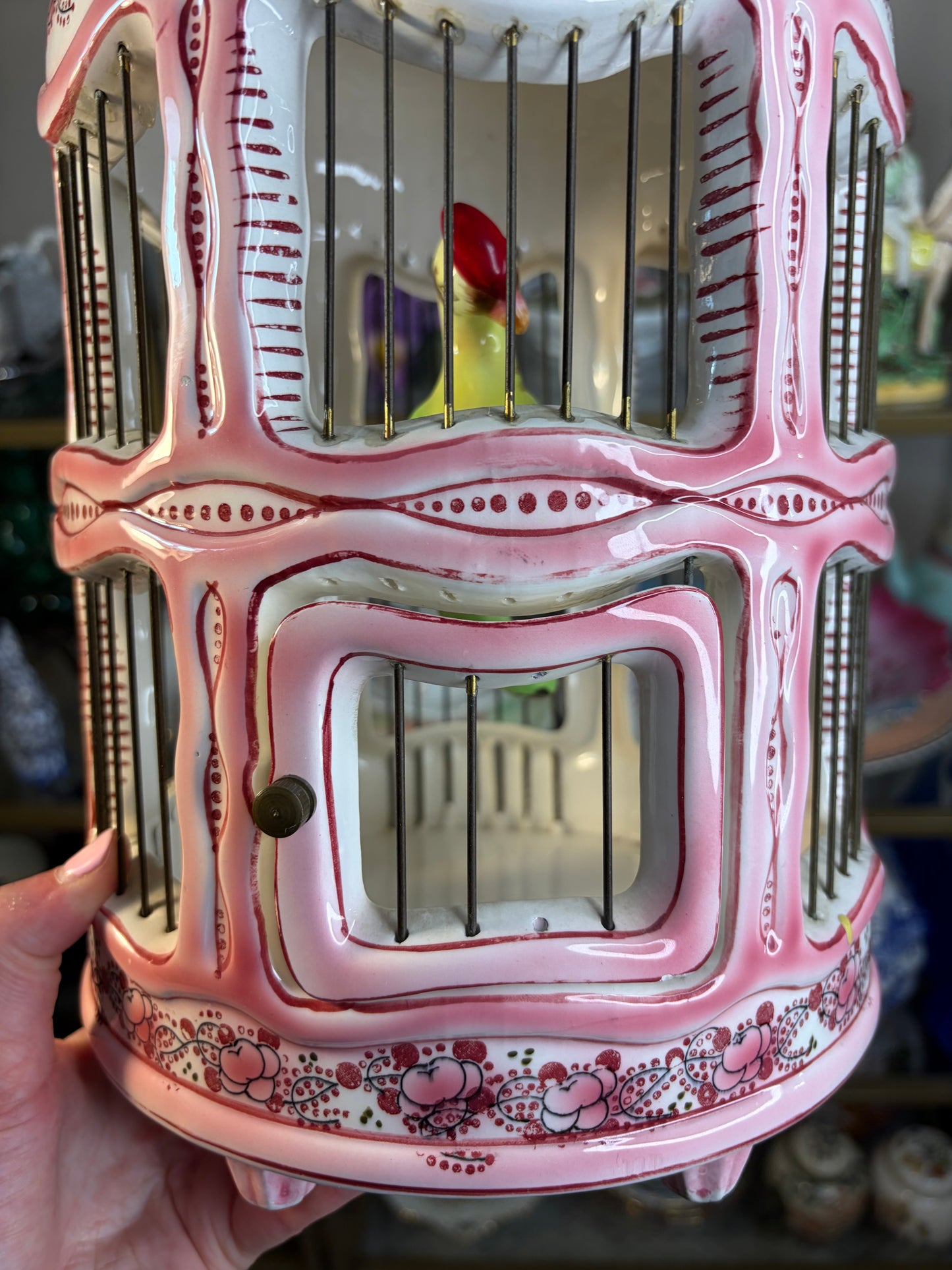 Stunning chinoiserie pink and white bird cage with bird! As is!