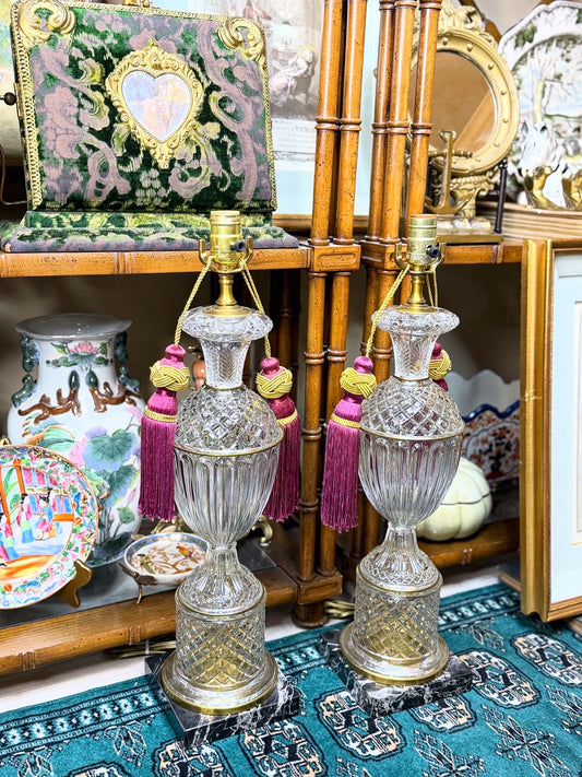 Pair of Vintage Paul Hanson Crystal & Brass Lamps | 33″ Tall - Excellent!