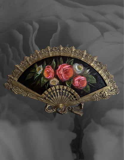 Bouquet of roses still life original oil painting in brass fan frame
