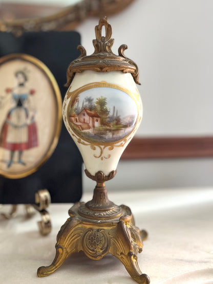Pair of French Hand-Painted Pastoral Porcelain & Bronze Garniture Urns