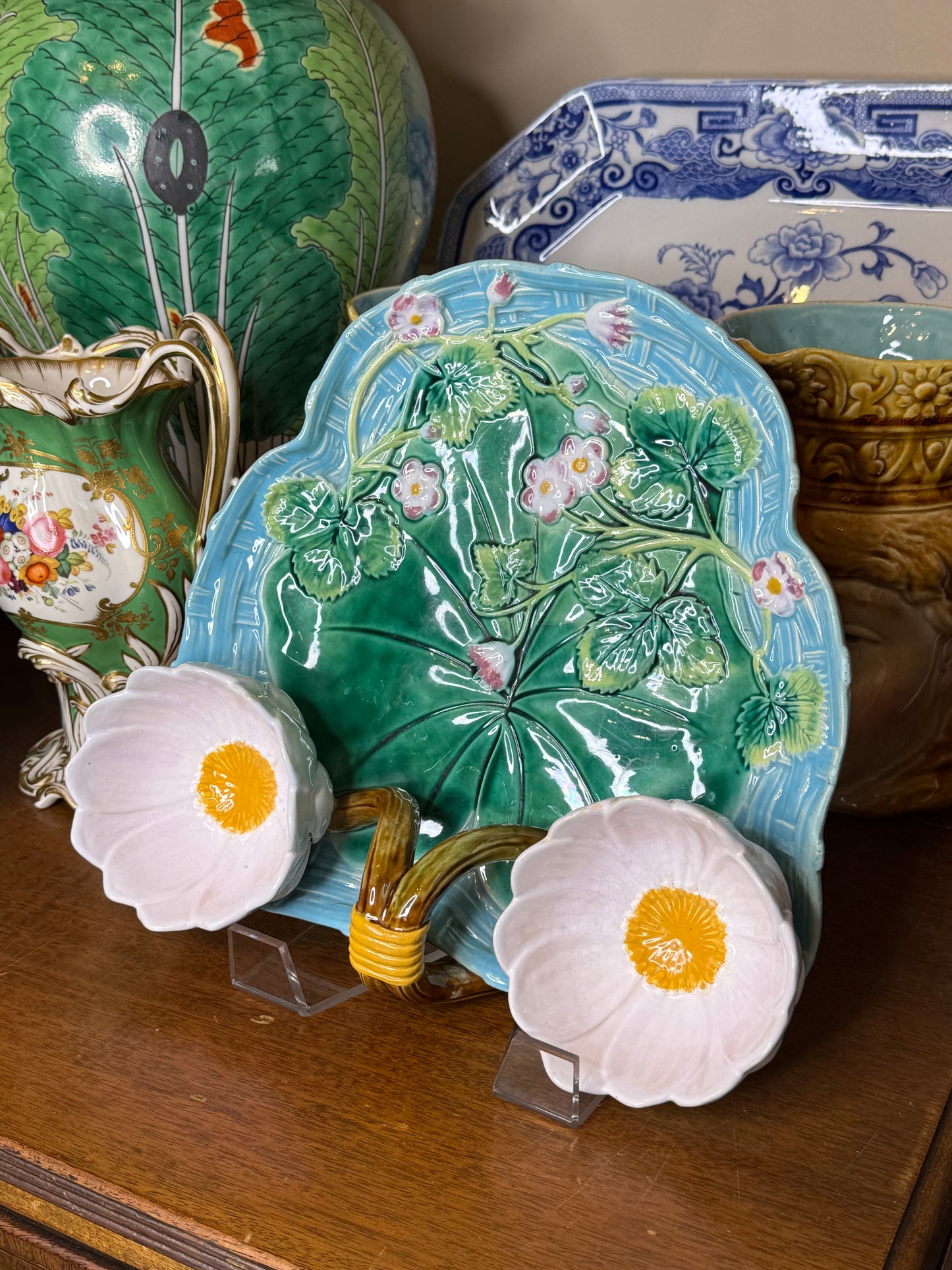 Antique George Jones Majolica Strawberry Server | Victorian Double Daisy Compote | English Pottery c.1880