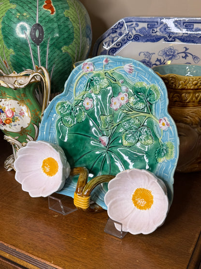 Antique George Jones Majolica Strawberry Server | Victorian Double Daisy Compote | English Pottery c.1880