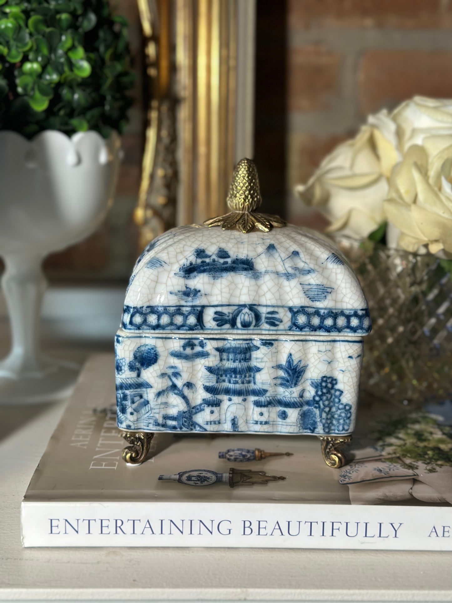STUNNING - Blue & White Porcelain Bronze Footed Box W/ Lid