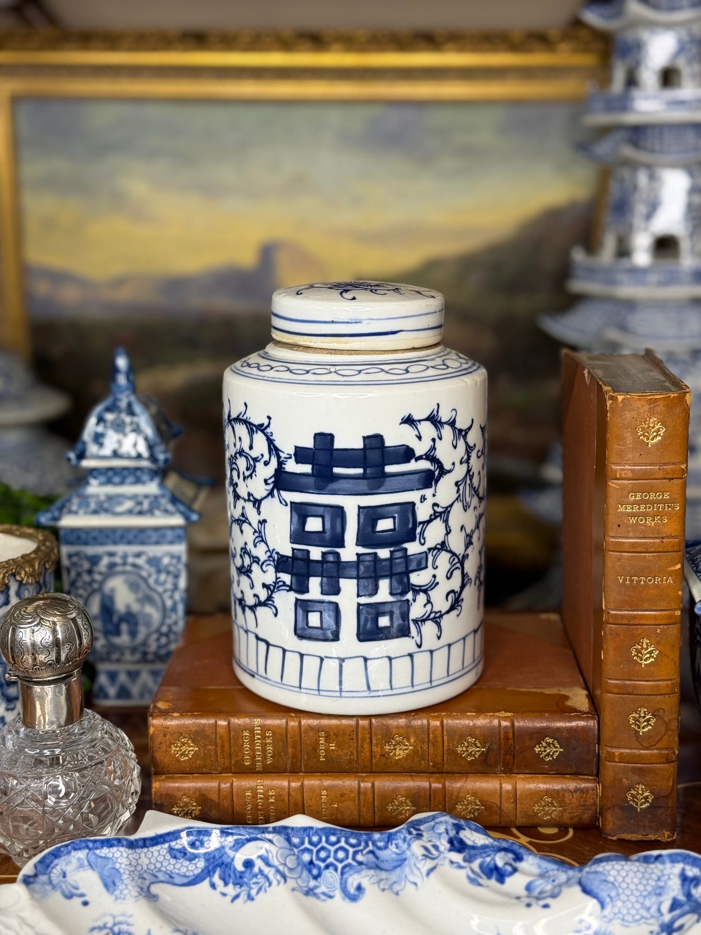 Danny's Fine Porcelain: Blue & White, 7" Tall Double Happiness, Hand Painted Tea Caddy Jar
