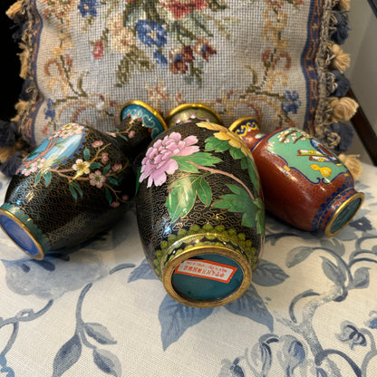 Set of 3 Bold vintage brass & enamel cloisonné etched vases