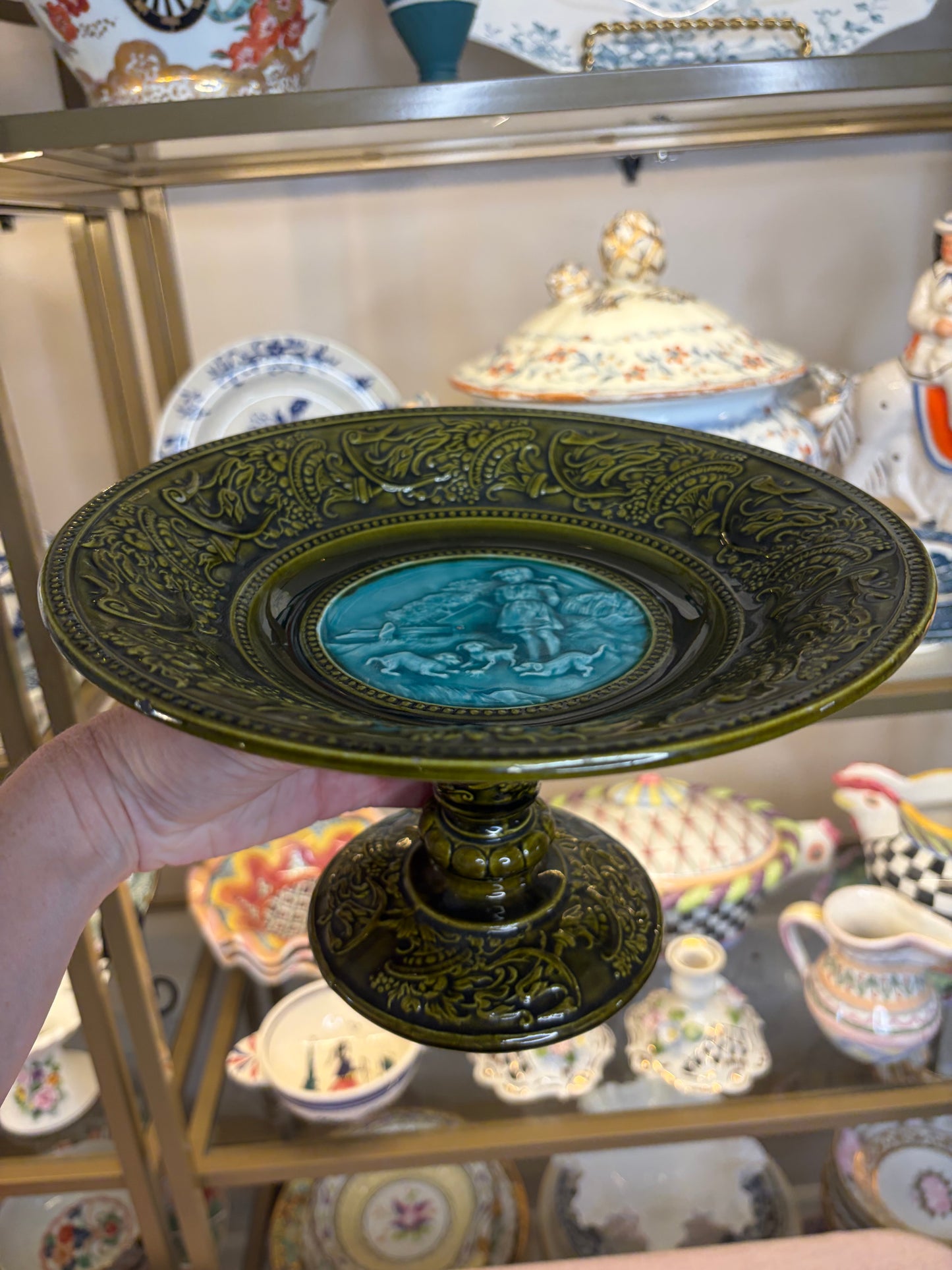 Gorgeous majolica compote featuring a girl and dogs!