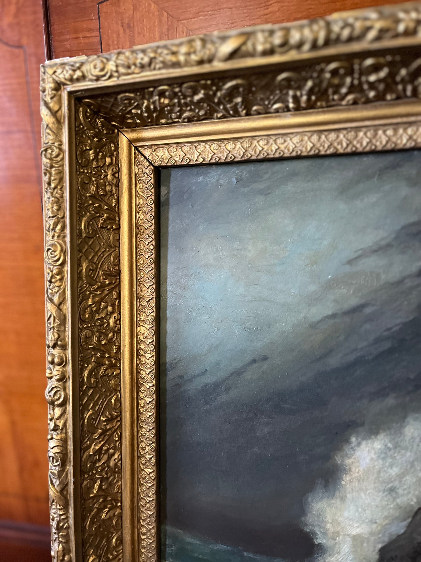 Sold Reserved Estate Antique Moody Coastal Seascape Original Fine Oil Paintings in Gilt Frames | Pair