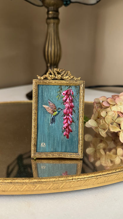 Day 15 Original oil painting hummingbird with wisteria antique French frame