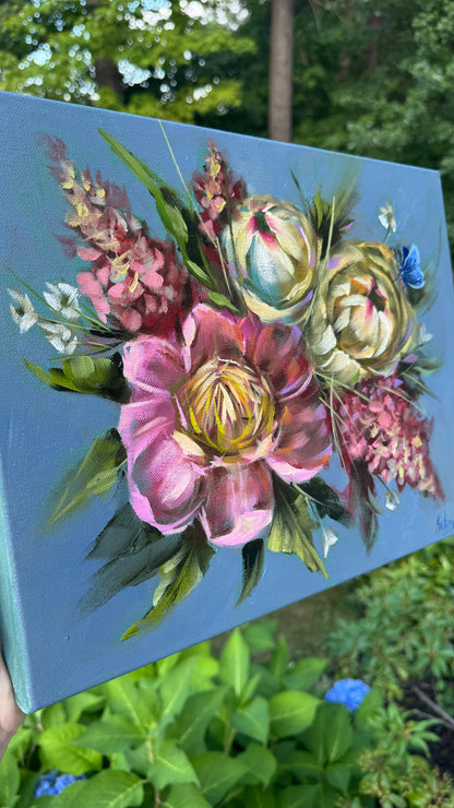 Pink and white peonies with pink hydrangeas original oil painting
