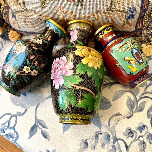 Set of 3 Bold vintage brass & enamel cloisonné etched vases