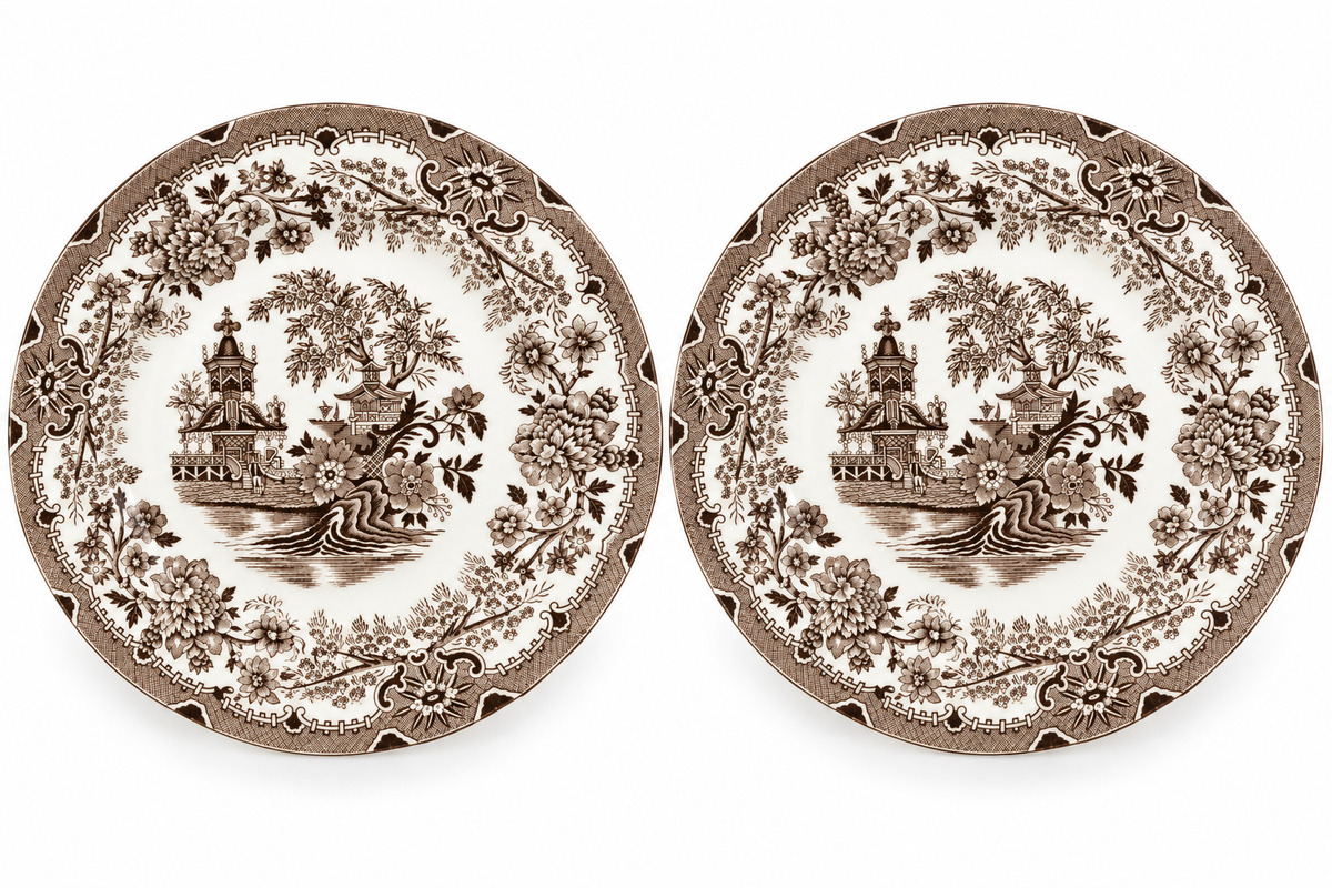 Antique Italian Colandine Brown Transferware Plates, Pair, c. 1890–1910