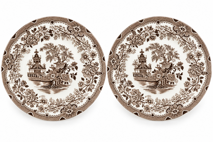 Antique Italian Colandine Brown Transferware Plates, Pair, c. 1890–1910