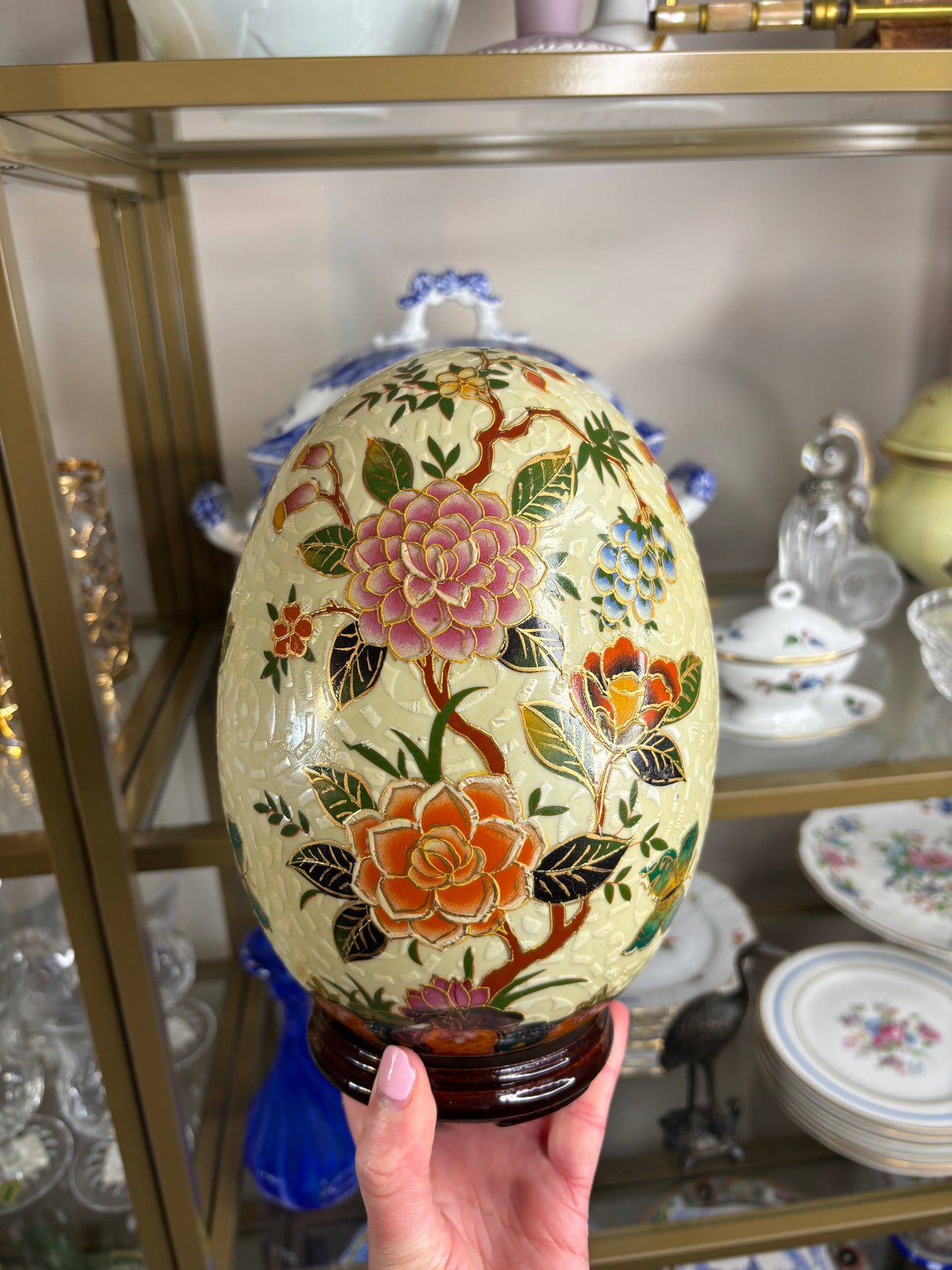 Floral chinoiserie egg decor on wooden stand!