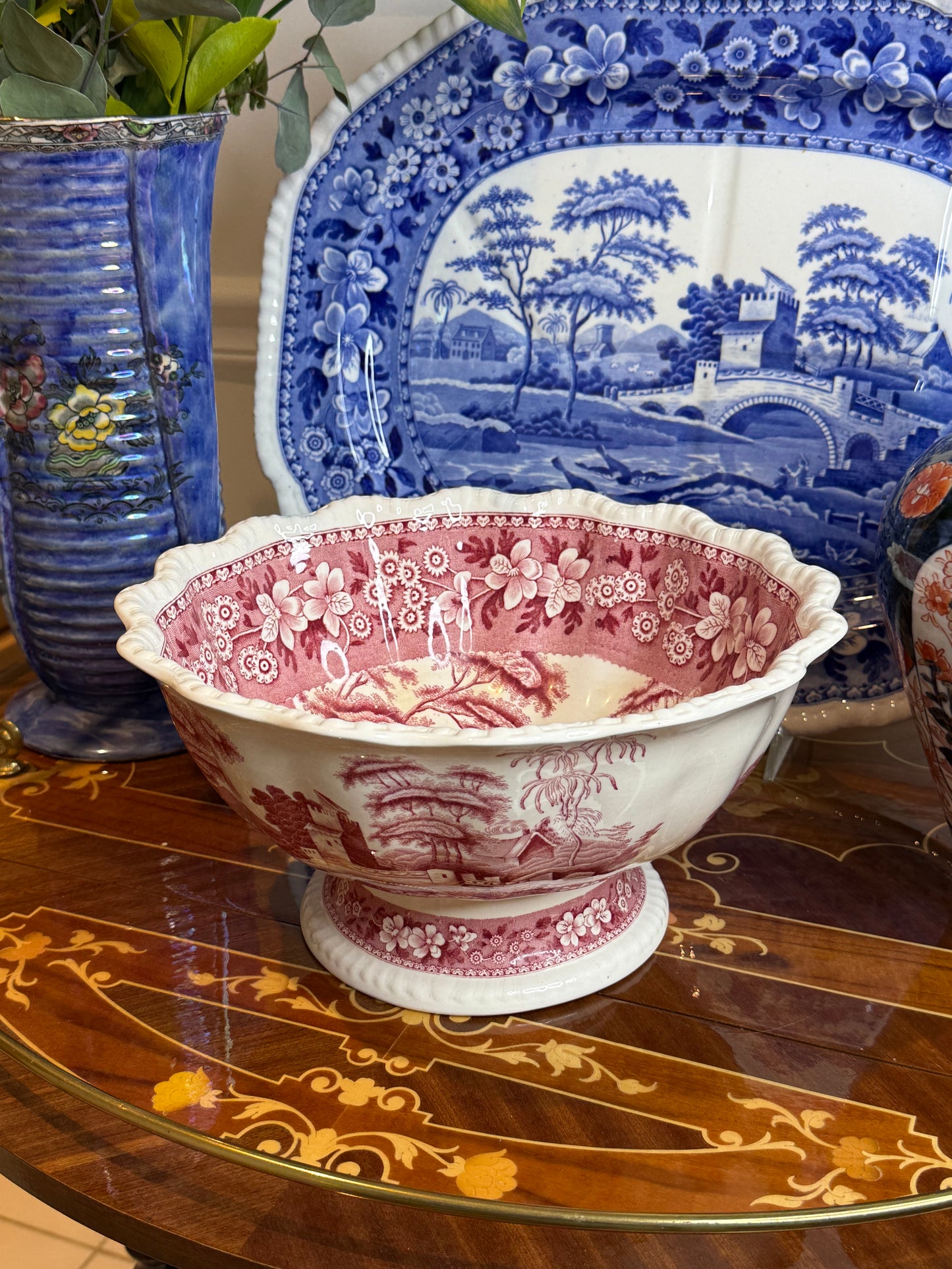 Antique Copeland Late Spode Pink/Red Tower Transferware Pedestal Bowl, 11.25” Diameter x 5.25” Tall, c. 1895–1910