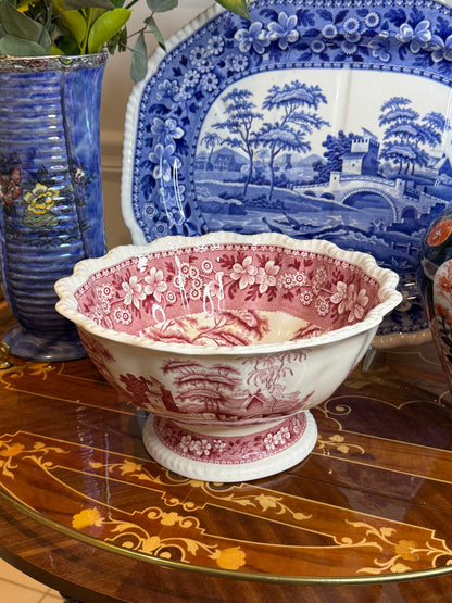 Antique Copeland Late Spode Pink/Red Tower Transferware Pedestal Bowl, 11.25” Diameter x 5.25” Tall, c. 1895–1910