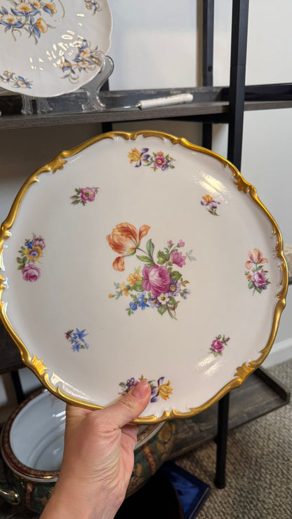Vintage East German Floral Porcelain Pedestal Cake Stand 12 Inch Gold Trim