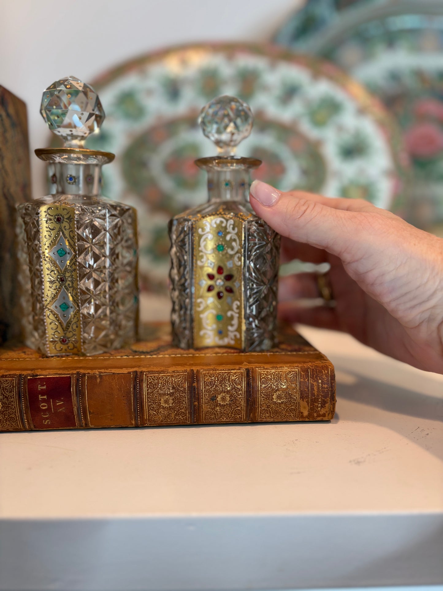 Spectacular Bohemian Cut Glass Perfume Bottles with Gilt enameling and Colorful Cobuchons