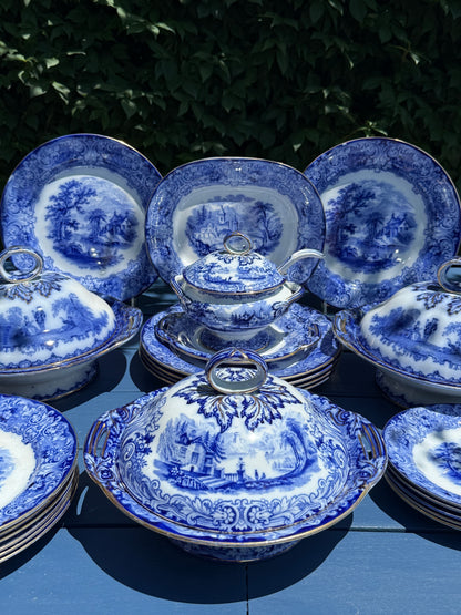 Antique c.1891–1902 Royal Doulton Geneva Blue Transferware Dinner Service | 23-Piece English Set