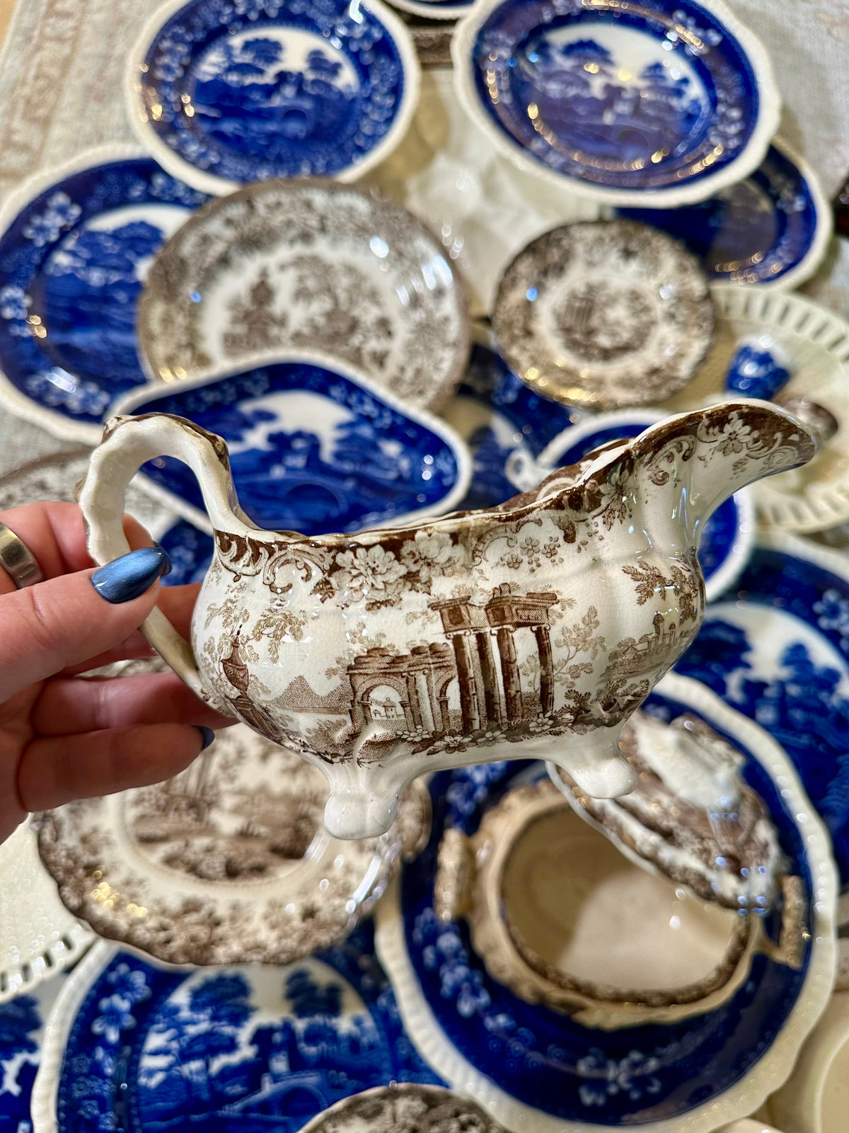 Antique Brown Transferware Footed Gravy Boat | Architectural Landscape