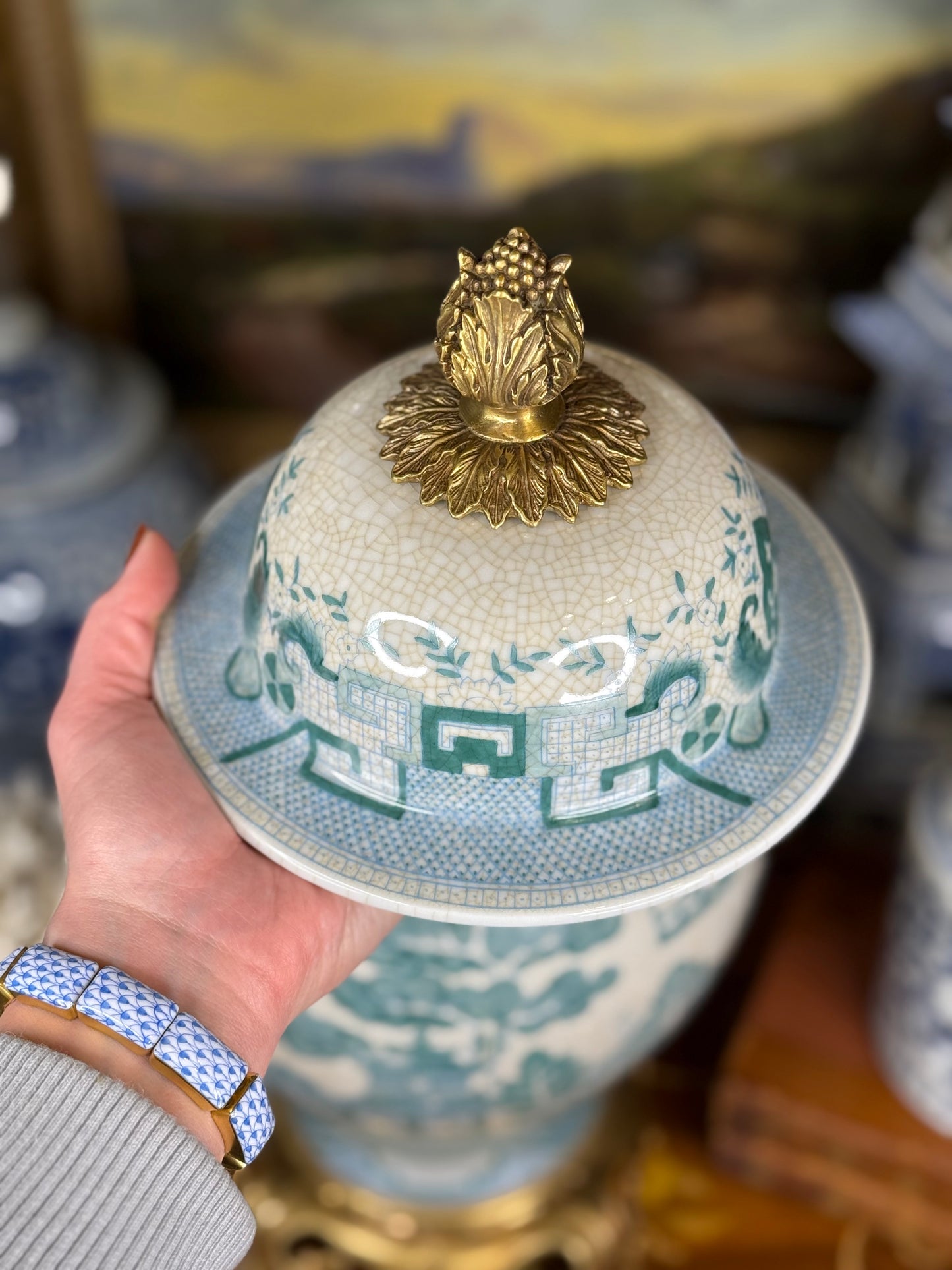 Danny's Fine Porcelain: Turquoise Willow Pattern Bronze Ormolu Temple Jar: 19”Tall,10Lx10W