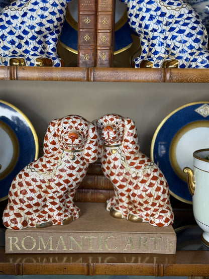 Danny’s Fine Porcelain: Large 16Lx3.5Wx9H Rust & White Spaniel Dog Figure Pair W/ Gold Accent