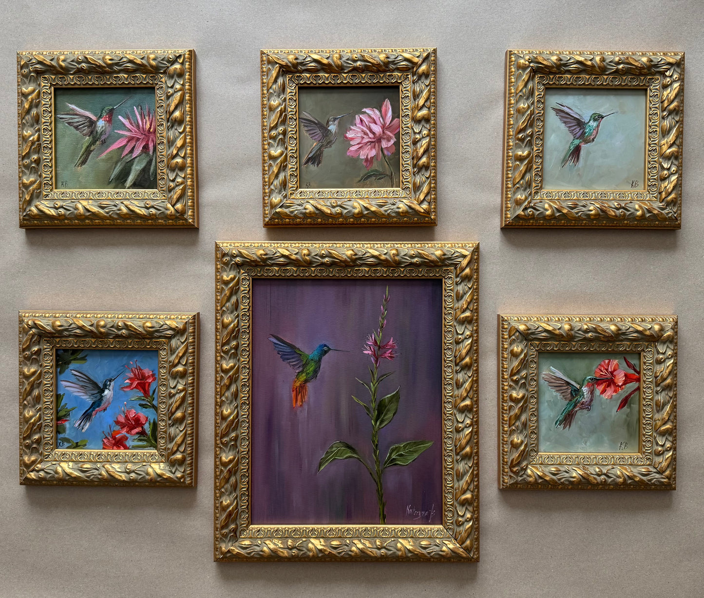 Live 08/11 Hummingbird and pink flower original oil painting framed in wooden gold frame 9.5x9.5”