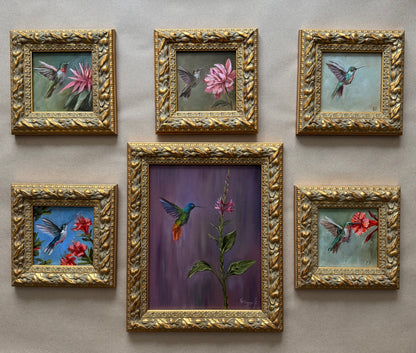 Live 08/11 Hummingbird and pink flower original oil painting framed in wooden gold frame 9.5x9.5”