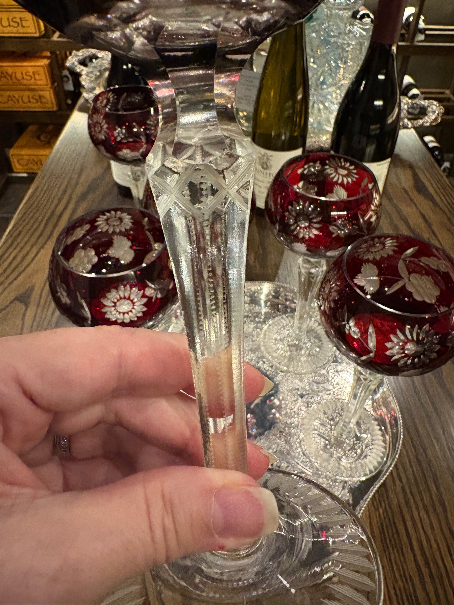 Set (6) Ruby cut to clear hock wine glasses